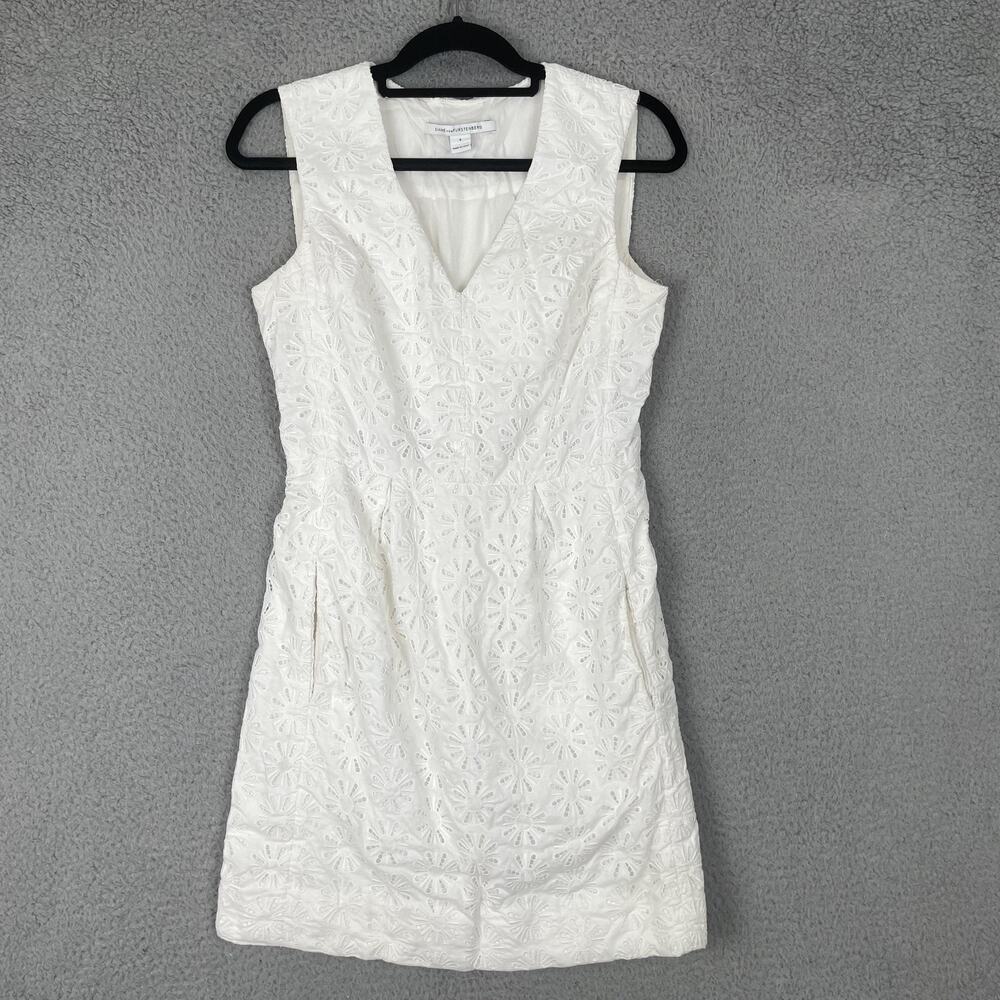 Diane von Furstenberg Dress Womens 8 White Sleeveless Sunburst Lace Cotton Silk